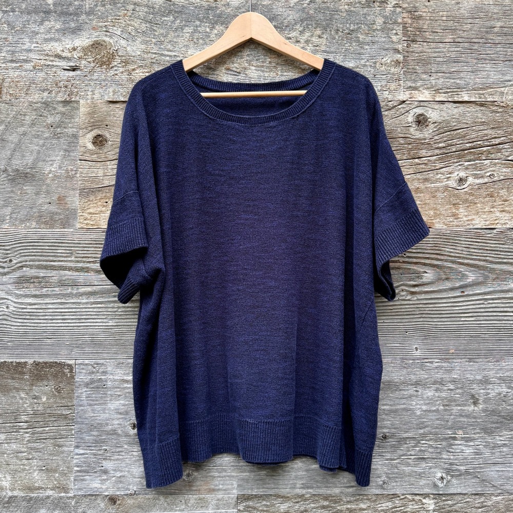 Eileen Fisher Organic Cotton Oversized Short Sleeve Knit Sweater 1X Navy READ*